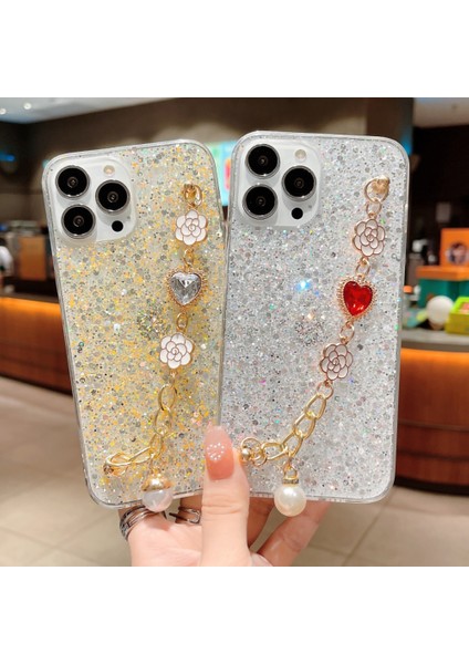 iPhone15 Pro Case Glitter Epoksi Telefon Kabuğu Için Şok Geçirmez Tpu Kılıfı Bilezik Strap-Silver ile (Yurt Dışından)