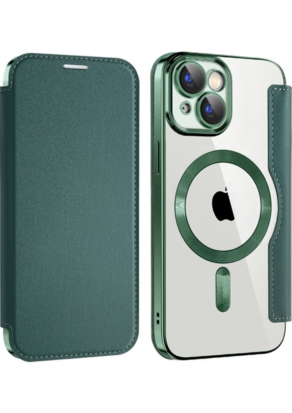 iPhone15 Plus Deri Telefon Kılıfı Için Magsafe Rfıd Engelleme Kart Tutucu ile Uyumlu Elektrapan Elektrikli Kapak-Blackish Yeşil (Yurt Dışından)