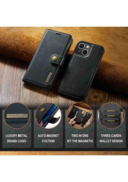 iPhone15 Plus Söndürülebilir Manyetik Telefon Kılıfı Anti-Dorp Split Deri Cüzdan Stand Kılıf Black (Yurt Dışından)