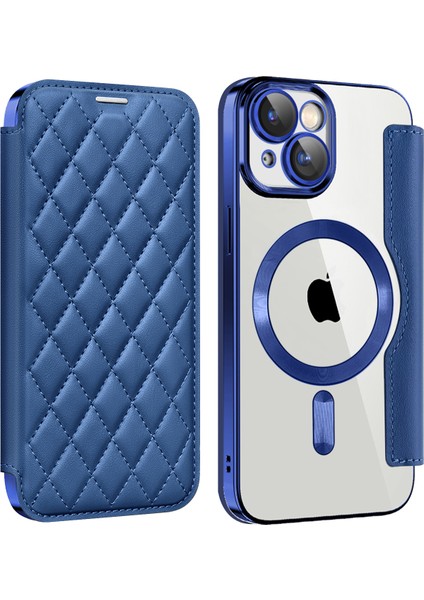 iPhone15 Plus Dahili Lens Film Telefon Kılıfı Rfıd Blowıng Kart Yuvaları Magsafe-Sapphire ile Uyumlu Deri Kapağı (Yurt Dışından)