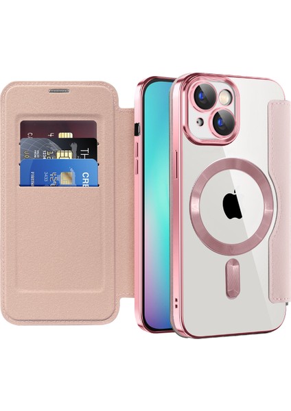 iPhone15 Plus Dahili Lens Film Telefon Kılıfı Rfıd Blowıng Kart Yuvaları Magsafe-Sapphire ile Uyumlu Deri Kapağı (Yurt Dışından)