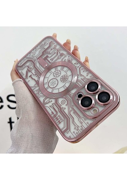 iPhone15 Pro Kılıfı Için Magsafe Devre Deseni Yumuşak Tpu Telefon Kapak Pembe (Yurt Dışından)