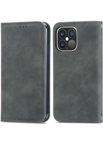 iPhone15 Pro Max Retro Pu Deri Kart Tutucu Telefon Kılıfı Cilt Touch Flip Stand Kapak-Grey (Yurt Dışından)
