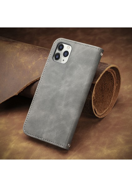 iPhone15 Pro Max Retro Pu Deri Kart Tutucu Telefon Kılıfı Cilt Touch Flip Stand Kapak-Grey (Yurt Dışından)
