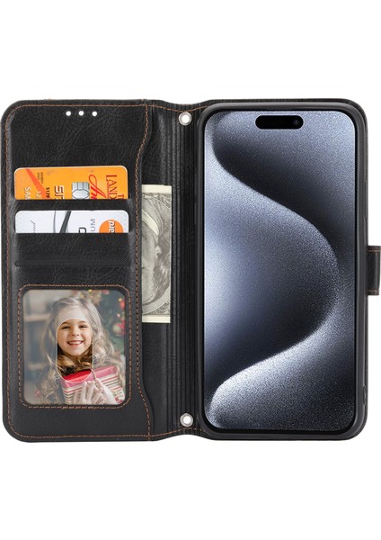 iPhone15 Pro Deri Kapak Için Fermuarı Cep Telefonu Cüzdan Kılıfı Uzun ve Kısa Kayış Black (Yurt Dışından) modelleri