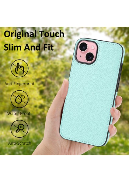iPhone15 Plus Kılıf Önleme Önleme Önleme Önleme Sıçraması Geçirmez Pu Deri Kaplamalı Tpu Cep Telefonu Koruyucusu Kapak Nane Yeşil (Yurt Dışından)