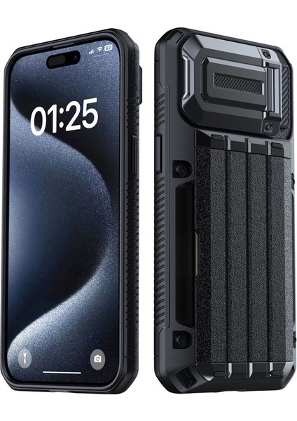 iPhone15 Pro Max Case Şok Geçirmez Sürgülü Kart Tutucu Kickstand Cep Telefonu Kapak Black (Yurt Dışından)