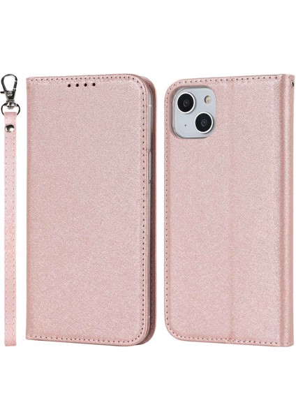 iPhone15 Plus Telefon Kasası Ipek Doku Stand Kapağı Kapak Anti-Çizgi Pu Deri Cüzdan Telefon Kabuk Rose Altın (Yurt Dışından)
