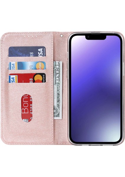 iPhone15 Plus Telefon Kasası Ipek Doku Stand Kapağı Kapak Anti-Çizgi Pu Deri Cüzdan Telefon Kabuk Rose Altın (Yurt Dışından)