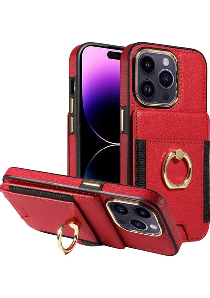 iPhone15 Pro Pu Deri+Tpu Kart Yuvaları Kasa Çember Kickstand Rfıd Engelleme Telefon Kapak-Kırmızı (Yurt Dışından)