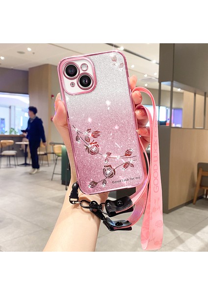 iPhone15 Plus Için Tpu Geri Kılıf Plus Strap Tasarım Glitter Rhinestone Dekor Çiçek Anti-Fall Telefon Kabuk Güldesi Altın (Yurt Dışından)