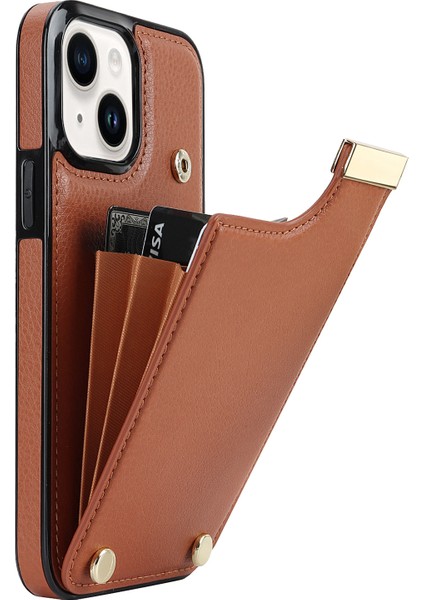 iPhone15 Plus Anti-Shock Kılıfı Tpu+Pu Deri+Metal Telefon Kapağı Kart Tutucu-Brown (Yurt Dışından)