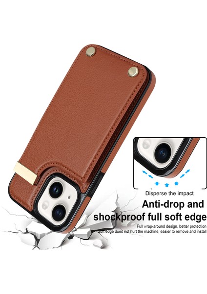 iPhone15 Plus Anti-Shock Kılıfı Tpu+Pu Deri+Metal Telefon Kapağı Kart Tutucu-Brown (Yurt Dışından)