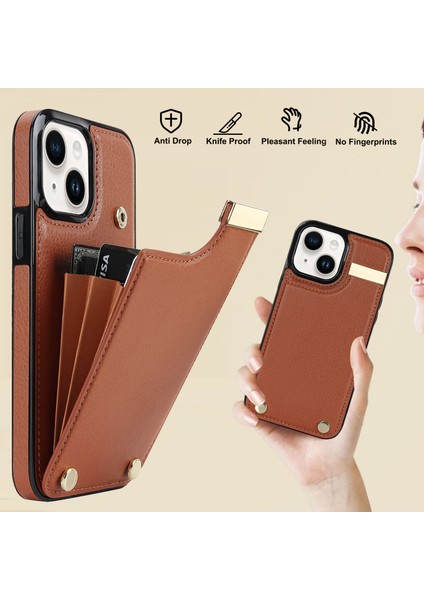 iPhone15 Plus Anti-Shock Kılıfı Tpu+Pu Deri+Metal Telefon Kapağı Kart Tutucu-Brown (Yurt Dışından)