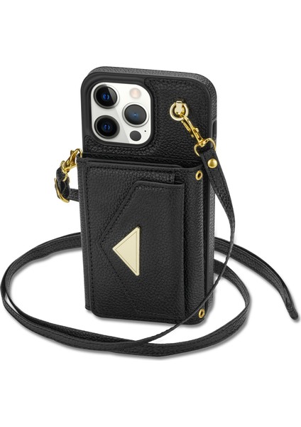 iPhone15 Pro Max Case Shockproof Pu Deri+Tpu Kabuklu Kart Torbası+Omuz Kayışı Black (Yurt Dışından)