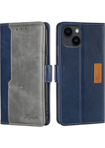 iPhone15 Plus Için Cüzdan Telefon Kılıfı Retro Deri Kontrast Renk Stand Manyetik Folio Cover-Blue+Gri (Yurt Dışından)