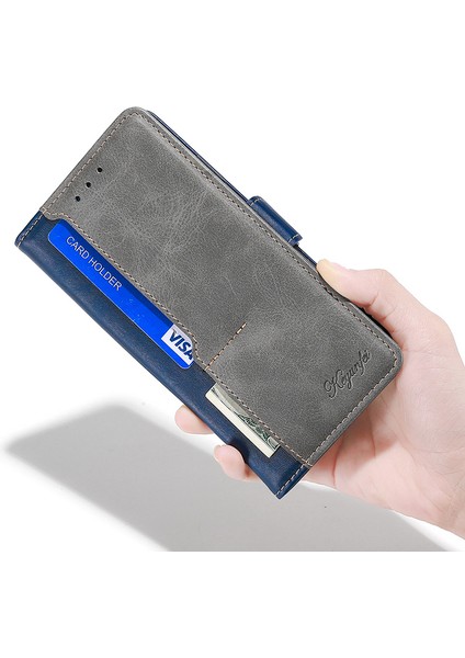 iPhone15 Plus Için Cüzdan Telefon Kılıfı Retro Deri Kontrast Renk Stand Manyetik Folio Cover-Blue+Gri (Yurt Dışından)