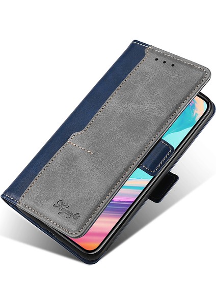 iPhone15 Plus Için Cüzdan Telefon Kılıfı Retro Deri Kontrast Renk Stand Manyetik Folio Cover-Blue+Gri (Yurt Dışından)
