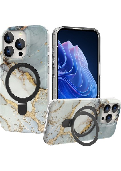 iPhone15 Pro Max Kickstand Case Mermer Desen Pc+Tpu Manyetik Telefon Kapak-Grey (Yurt Dışından)