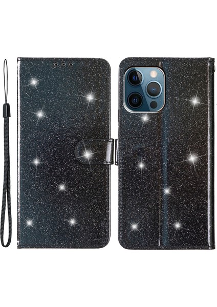 iPhone15 Pro Max Pax Glittery Telefon Kılıfı Pu Deri Cüzdan Stand Tam Koruma Kapağı Black (Yurt Dışından)