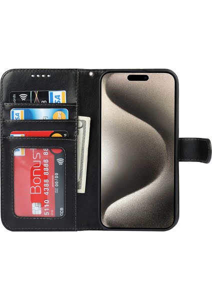 iPhone15 Pro Cep Telefonu Kılıfı R61 Doku Stand-Black ile Dikiş Pu Deri Kapağı Düştü (Yurt Dışından)