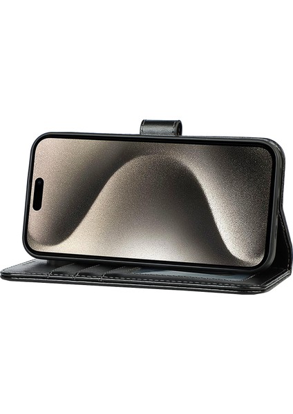iPhone15 Pro Cep Telefonu Kılıfı R61 Doku Stand-Black ile Dikiş Pu Deri Kapağı Düştü (Yurt Dışından)