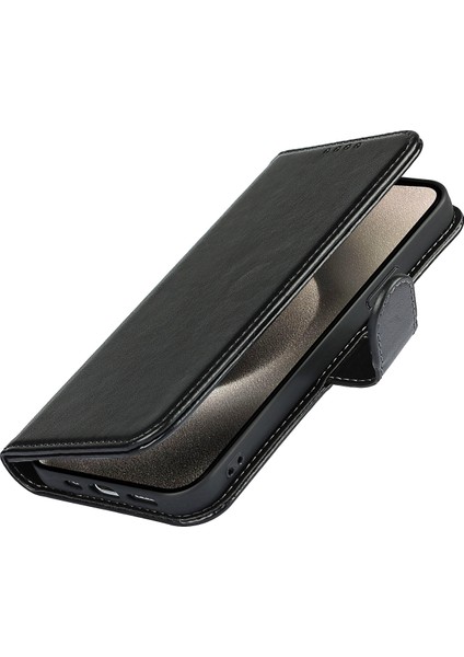 iPhone15 Pro Cep Telefonu Kılıfı R61 Doku Stand-Black ile Dikiş Pu Deri Kapağı Düştü (Yurt Dışından)
