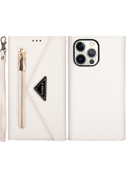 iPhone15 Pro Cüzdan Için Telefon Deri Kılıfı Zipper Cep Stand Telefon Kapağı Kısa+Uzun Kayış-Beyaz (Yurt Dışından)