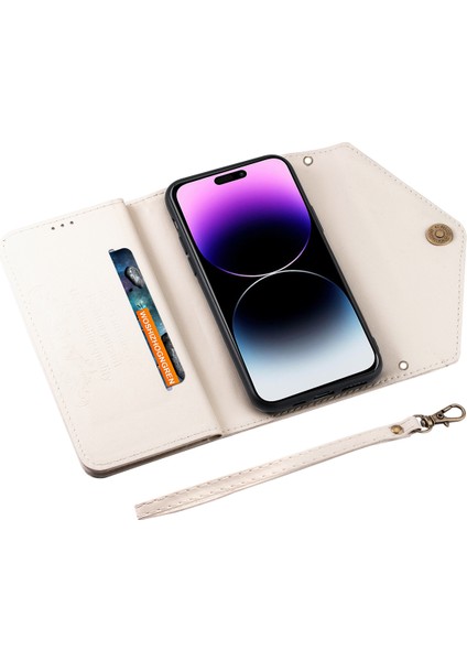 iPhone15 Pro Cüzdan Için Telefon Deri Kılıfı Zipper Cep Stand Telefon Kapağı Kısa+Uzun Kayış-Beyaz (Yurt Dışından) modelleri