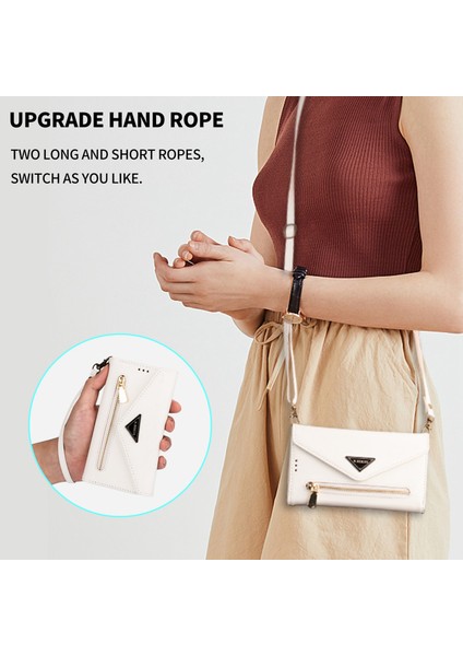 iPhone15 Pro Cüzdan Için Telefon Deri Kılıfı Zipper Cep Stand Telefon Kapağı Kısa+Uzun Kayış-Beyaz (Yurt Dışından) indirimleri