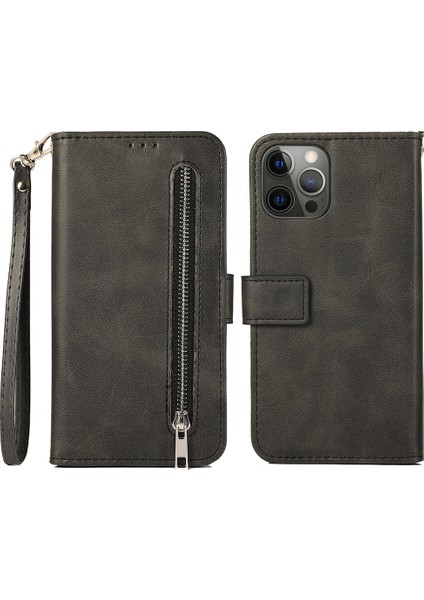 iPhone15 Pro Fermuar Cep Telefonu Kılıfı 5 Kart Yuvaları Buzağı Doku Pu Deri Stand Kapak Black (Yurt Dışından)