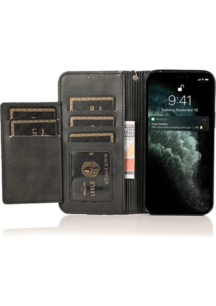 iPhone15 Pro Fermuar Cep Telefonu Kılıfı 5 Kart Yuvaları Buzağı Doku Pu Deri Stand Kapak Black (Yurt Dışından)