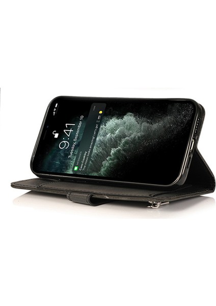 iPhone15 Pro Fermuar Cep Telefonu Kılıfı 5 Kart Yuvaları Buzağı Doku Pu Deri Stand Kapak Black (Yurt Dışından)