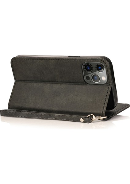 iPhone15 Pro Fermuar Cep Telefonu Kılıfı 5 Kart Yuvaları Buzağı Doku Pu Deri Stand Kapak Black (Yurt Dışından)