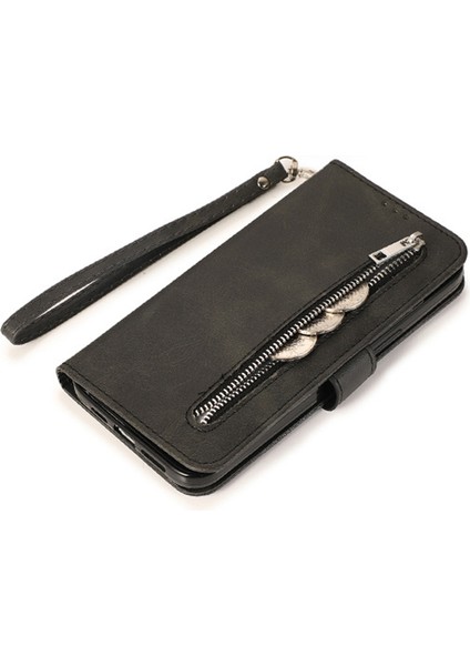 iPhone15 Pro Fermuar Cep Telefonu Kılıfı 5 Kart Yuvaları Buzağı Doku Pu Deri Stand Kapak Black (Yurt Dışından)