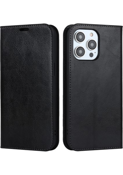 iPhone15 Pro Crazy Horse Doku Anti-Fall Kapak Orijinal Inek Deri Stand Cüzdan Telefon Kılıfı Black (Yurt Dışından)