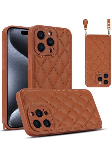 iPhone15 Pro Back Case Rhombus Grid Pu+Tpu Telefon Kapağı Omuz Kayış-Brown (Yurt Dışından)