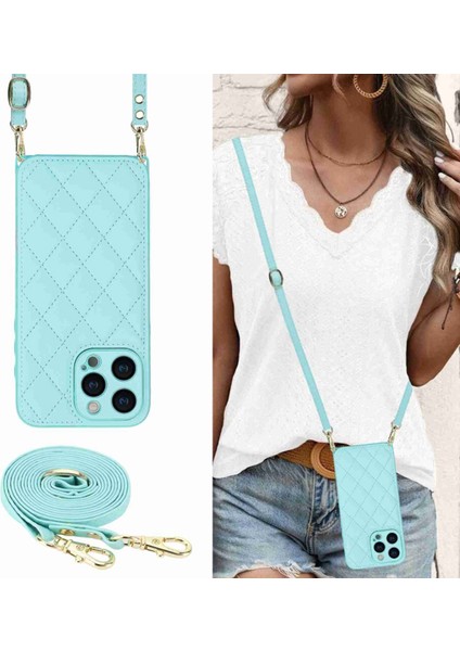 iPhone15 Pro Back Case Rhombus Grid Pu+Tpu Telefon Kapağı Omuz Kayış-Brown (Yurt Dışından)