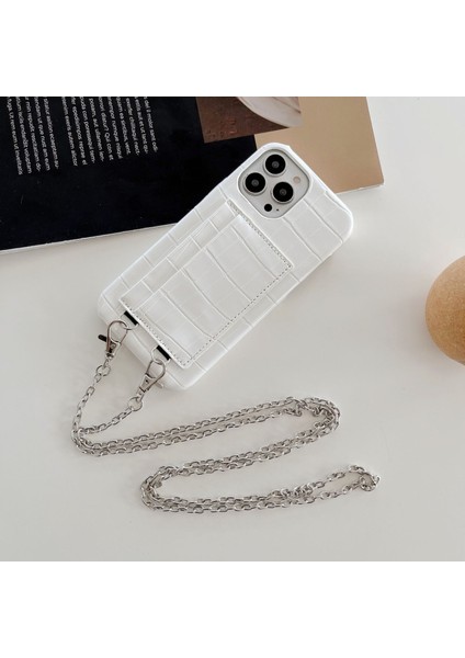 2 Kart Yuvaları iPhone15 Pro Max Timsah Dokulu Pu+Pc Telefon Kapağı Strap-White ile (Yurt Dışından)