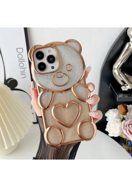 iPhone15 Pro Tpu Için Telefon Kasası Elektrumanlı 3D Bear Parlak Kapak-Altın (Yurt Dışından)