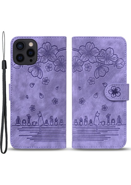 Deri Kılıf iPhone15 Pro Baskılı Çiçek Kedi Cep Telefonu Cüzdan Stand Kapağı Strap-Purple (Yurt Dışından)