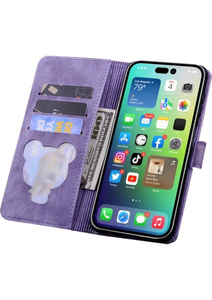 Deri Kılıf iPhone15 Pro Baskılı Çiçek Kedi Cep Telefonu Cüzdan Stand Kapağı Strap-Purple (Yurt Dışından)