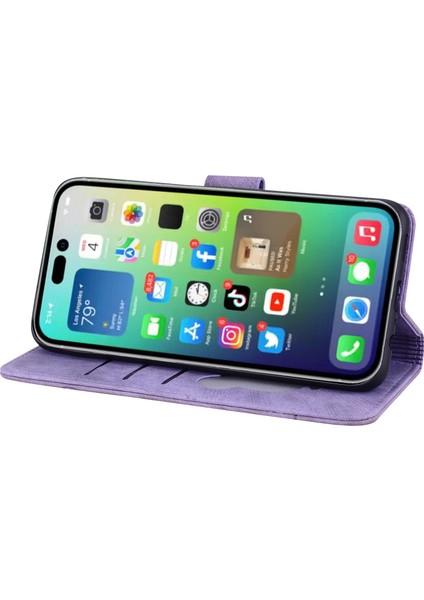 Deri Kılıf iPhone15 Pro Baskılı Çiçek Kedi Cep Telefonu Cüzdan Stand Kapağı Strap-Purple (Yurt Dışından)