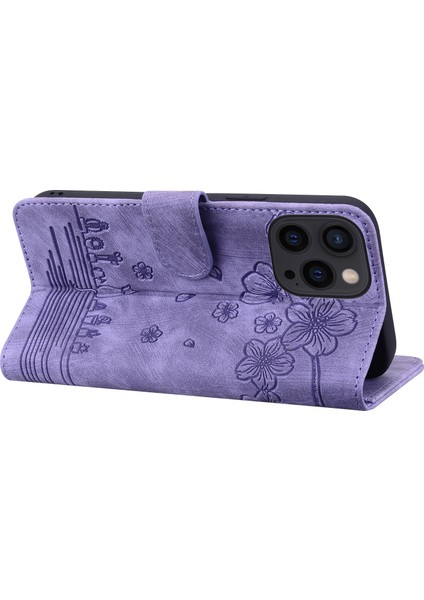 Deri Kılıf iPhone15 Pro Baskılı Çiçek Kedi Cep Telefonu Cüzdan Stand Kapağı Strap-Purple (Yurt Dışından)