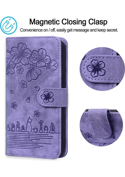 Deri Kılıf iPhone15 Pro Baskılı Çiçek Kedi Cep Telefonu Cüzdan Stand Kapağı Strap-Purple (Yurt Dışından)