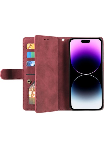 iPhone15 Pu Deri Cüzdan Stand Kapak Kılıfı Fermuar Cep 9 Kart Yuvaları Telefon Kabuk-Kırmızı Kırmızı (Yurt Dışından)