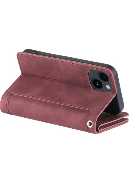 iPhone15 Pu Deri Cüzdan Stand Kapak Kılıfı Fermuar Cep 9 Kart Yuvaları Telefon Kabuk-Kırmızı Kırmızı (Yurt Dışından)