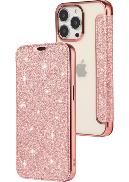 iPhone15 Pro Kart Tutucu Glitter Toz Anti-Çizelge Pu Deri+Tpu Şeffaf Telefon Kapak Çizgi Altın (Yurt Dışından)
