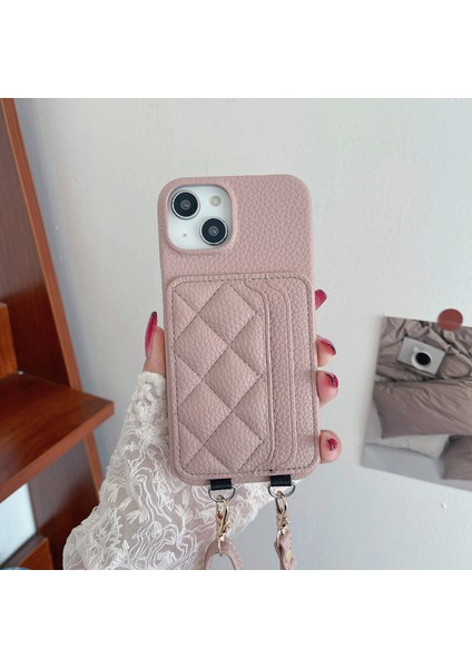 Rhomboid Dikiş Kartı Tutucu iPhone15 Plus Için Telefon Kılıfı Plus Litchi Doku Pu+Tpu Omuz Askılı Pembe ile Telefon Koruyucu (Yurt Dışından)