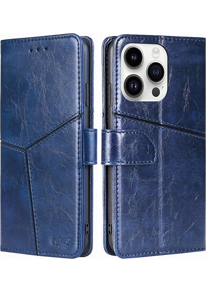 iPhone15 Pro Geometrik Deri Telefon Kılıf Anti-Drop Stand Cüzdan Kapak Mavisi (Yurt Dışından)